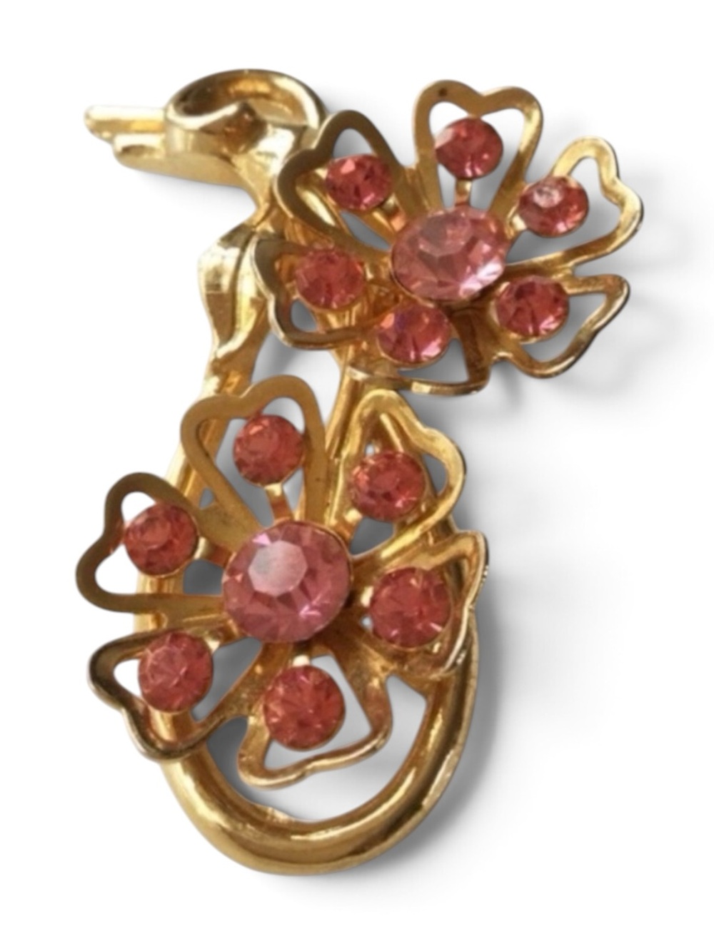Vintage CORO Double Floral Brooch – 1950s Gold‑Tone, Rare Pink Rhinestones - Picture 8 of 12